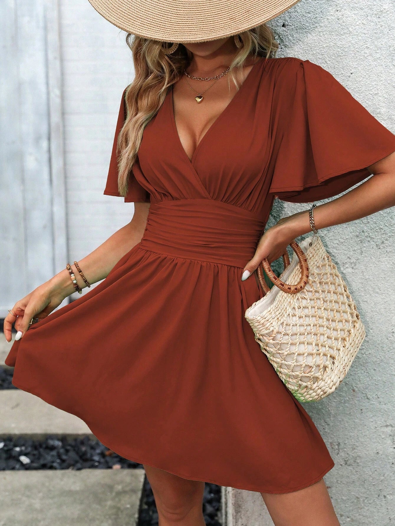LUNE Plunging Neck Dress – Butterfly Sleeves, Ruched Waist, Elegant and Flattering Fit