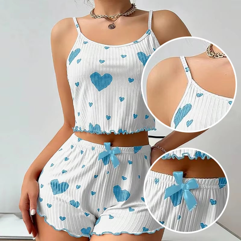 Women's 2-Piece Pajama Set – Soft and Comfortable Sleepwear with Tank Top & Shorts, Love Print, White, Available in S, M, L