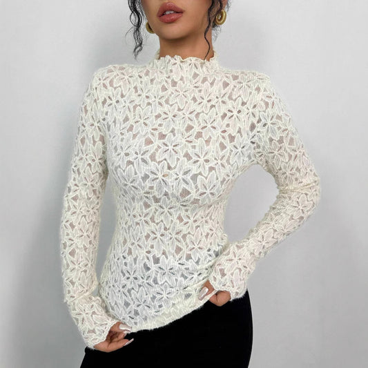Ladies' Wooden Button Half Turtleneck Lace Detail Slim-Fit T-Shirt