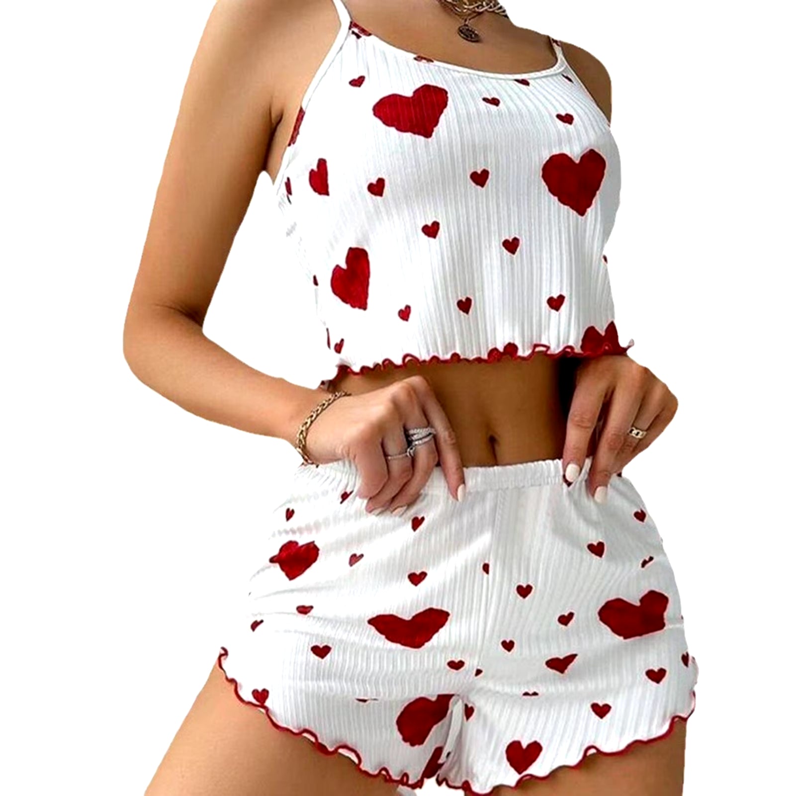 Women's 2-Piece Pajama Set – Soft and Comfortable Sleepwear with Tank Top & Shorts, Love Print, White, Available in S, M, L