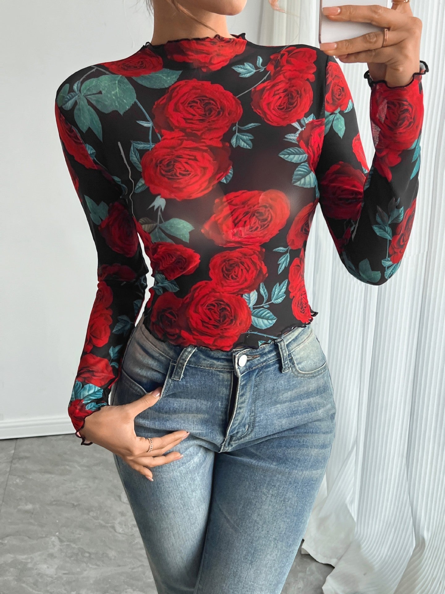 Transparent Long-Sleeve Mesh Top with Rose Flower Print and Small Stand Collar